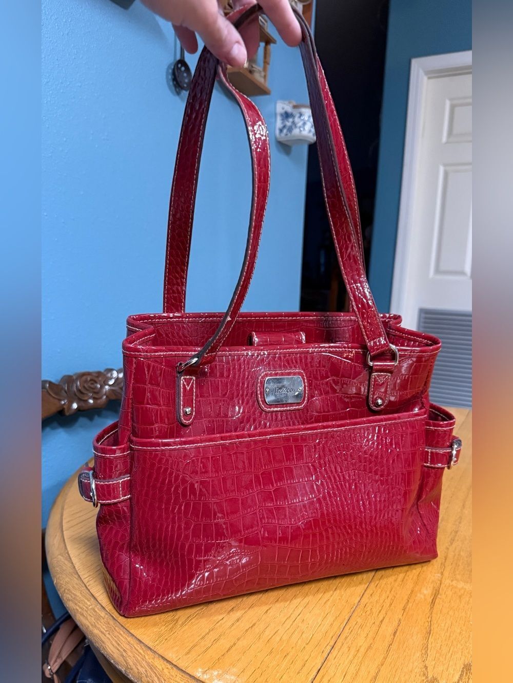 Liz & Co Red Faux Crocodile Embossed Patent Leather Multi Pocket Shoulder Bag